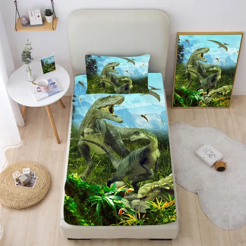 Juego de sábanas de dinosaurios tamaño individual para niños, juego de sábanas bajeras realistas 3D de dinosaurio verde de la selva antigua, juego
