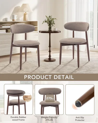 Miniatura 5 de Juego de 4 sillas de comedor, sillas tapizadas de estilo granja, sillas modernas de tela para cocina con patas de madera maciza, color camello