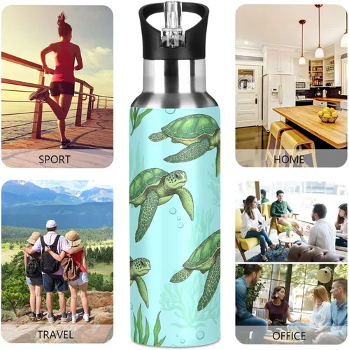 Miniatura 5 de Insulated Stainless Steel Water Bottle with Straw 20 Oz, Leakproof Water Bottles for Gym Outdoor Travel School, Green Sea Turtles
