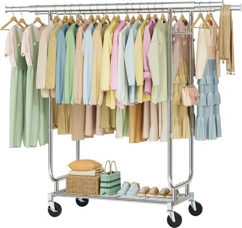 Miniatura 14 de Hoctieon Perchero de montaje de 1 minuto, 480 libras, percheros de ropa rodantes resistentes con ruedas, perchero plegable para ropa, barra Plata