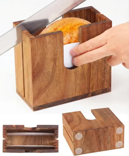 Miniatura 7 de Soporte grande ajustable para cortar bagel Soporte de corte de bagel de bambú con ranuras ajustables de ancho para bagels pequeños y grandes
