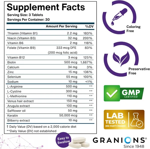 Miniatura 2 de Granions Suplementos para el crecimiento del cabello, biotina, queratina y aminoácidos, pastillas de zinc y selenio para mujeres y hombres