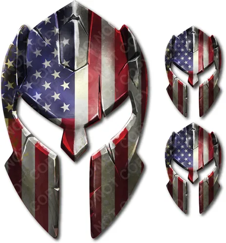 Paquete de 3 calcomanías de vinilo para casco espartano de Estados Unidos, diseño de bandera estadounidense desgastada, gladiador, pistola de