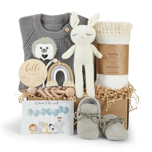 meloom Set de regalo para bebé, caja de regalo para recién nacido, boho, género neutro, unisex, artículos esenciales para bebés, regalos de baby