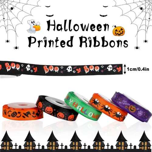 Miniatura 2 de SANNIX 18 rollos de cinta de Halloween de 90 yardas, cintas de grogrén impresas de 3/8 pulgadas de ancho, tela de manualidades para decoración