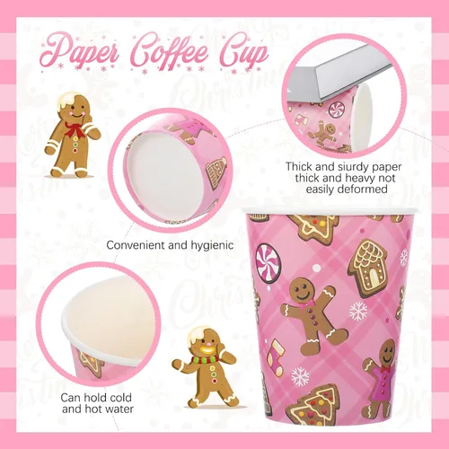 Miniatura 4 de Hushee 50 tazas de café de jengibre rosa de Navidad de 9 onzas, vasos de papel de Navidad con copos de nieve para beber té, bebidas frías calientes