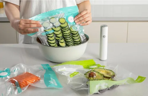 Miniatura 2 de Bolsas selladoras al vacío para alimentos, 20 bolsas reutilizables Sous Vide sin BPA, bolsa con cremallera al vacío con válvula de aire universal