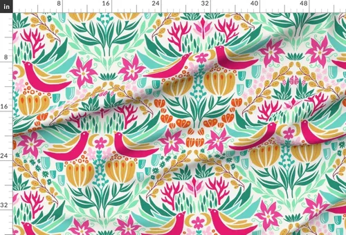 Miniatura 2 de Spoonflower Tela - Pájaros coloridos rosa verde bohemio botánico floral impreso en tela de gasa Fat Quarter - Ropa de moda de costura Vestidos