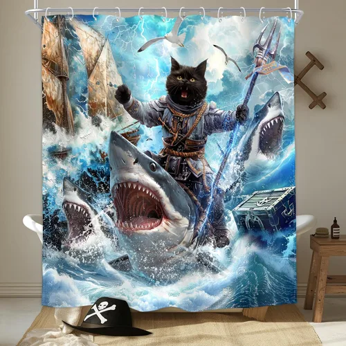 Miniatura 18 de Divertida cortina de ducha con diseño de gato de surf, tiburón, divertida, náutico, océano, océano, mar, ondas, animales, novedad, 72 pulgadas