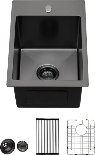 Miniatura 21 de Lordear - Fregadero de barra – Fregadero de barra dorado de 13 x 15 pulgadas con grifo dispensador de jabón, estación de trabajo, calibre 16 T304