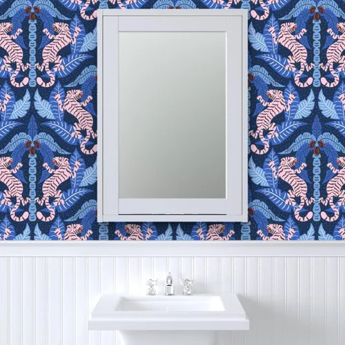 Miniatura 9 de Muestro de papel tapiz extraíble - Tiger Damask Pink Blue Jungle Tropical Papel pintado prepegado personalizado por Spoonflower