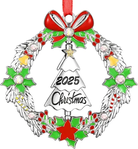 Adorno de Navidad 2025, decoración para árbol de Navidad, corona de Navidad de metal con árbol giratorio fechado 2025, adornos plateados brillantes,