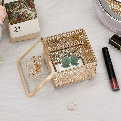 Miniatura 9 de Hipiwe Caja de Joyería de Metal Tallada con Tapa de Vidrio, Organizador Cuadrado de Baratijas con Espejo Dorado, Cofre del Tesoro para Anillos