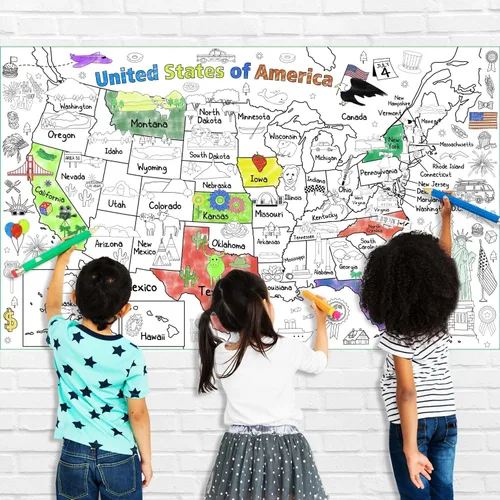 Miniatura 7 de PartyGarden US Map - Póster para colorear para niños, 54 x 33 pulgadas, diseño de mapa gigante de Estados Unidos para colorear, mantel grande