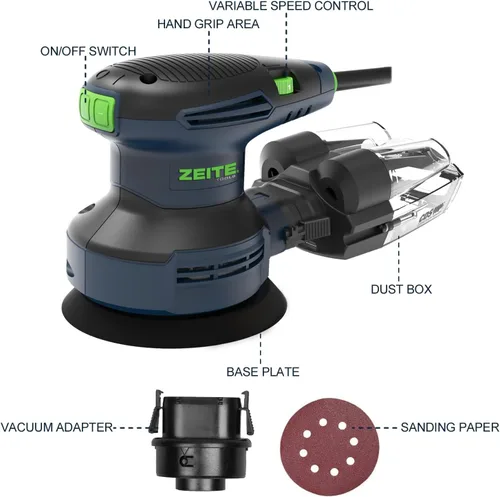 Miniatura 2 de ZEITE Lijadora orbital aleatoria, lijadora de palma eléctrica, lijadora de madera de 3.0 amperios, velocidad variable 5000-12000 OPM, caja de polvo