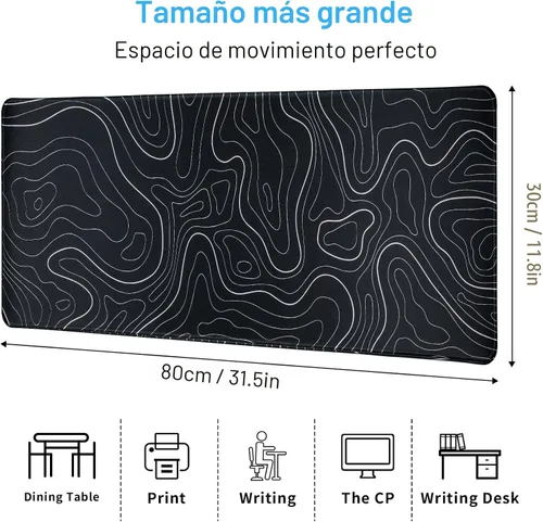 Miniatura 6 de Alfombrilla para mouse para juegos grande 31.5 x 11.8 pulgadas, alfombrilla de teclado topográfica con base antideslizante y bordes cosidos, Negro