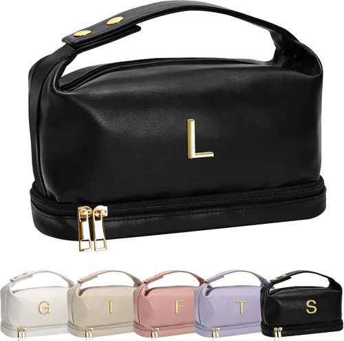 Miniatura 34 de Bolsa de maquillaje con asa, bolsa de cosméticos impermeable de doble capa, bolsas de maquillaje de cuero PU de gran capacidad con letra, bolsa