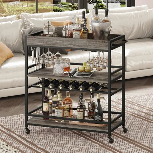 Miniatura 8 de BON AUGURE Carrito de Bar, Carrito de Servicio de Bar para el Hogar con Ruedas, Carrito de Bebidas Móvil de 3 Niveles con Estante para Vino