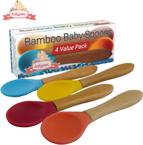 Miniatura 2 de Cucharas de bambú para bebé, paquete de 4 cucharas de destete para niños pequeños, cuchara de silicona con punta suave de mango de bambú, utensilio