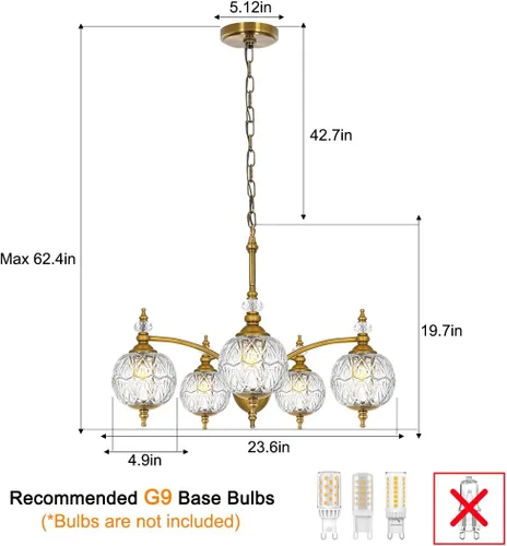 Miniatura 7 de Candelabro vintage de latón – Lámpara de comedor de altura ajustable con vidrio soplado hecho a mano – Base E26 de 5 luces, ideal para cocina
