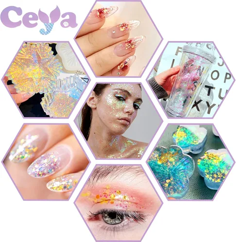 Miniatura 4 de Ceya Brillantina gruesa, 3.3 onzas/3.35 oz azul cielo mezcla de purpurina fina en copos de polvo iridiscente para uñas de resina epoxi, vasos