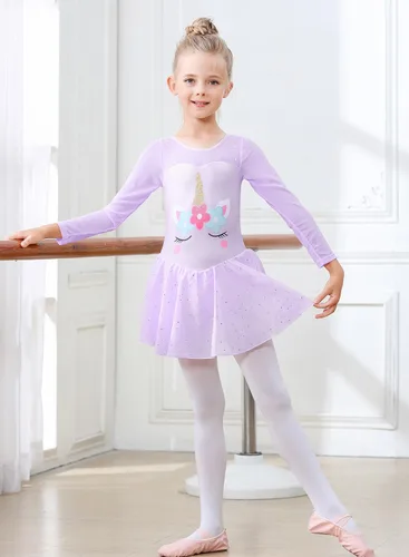 Miniatura 68 de EQSJIU Leotardo de baile de manga larga para niñas, vestido de ballet brillante con copo de nieve, tutú con falda tutú para niñas