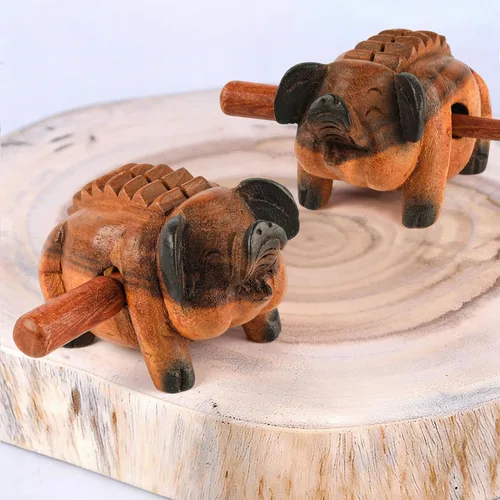Miniatura 4 de 4" Guiro de madera de cerdo raspador - Instrumento musical de percusión Bloque de tono artesanal 10.16 cm