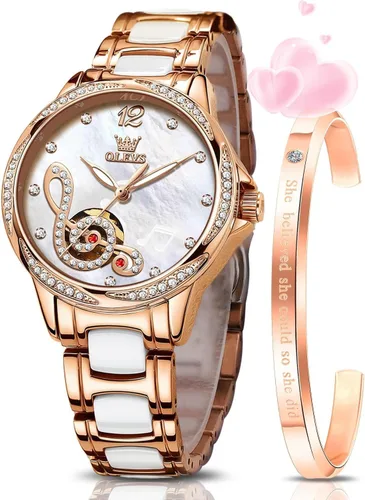 Miniatura 9 de OLEVS Relojes para mujer, mecánico automático, cuerda automática, oro rosa, reloj de mujer, vestido de diamante, pulsera de cerámica, impermeable