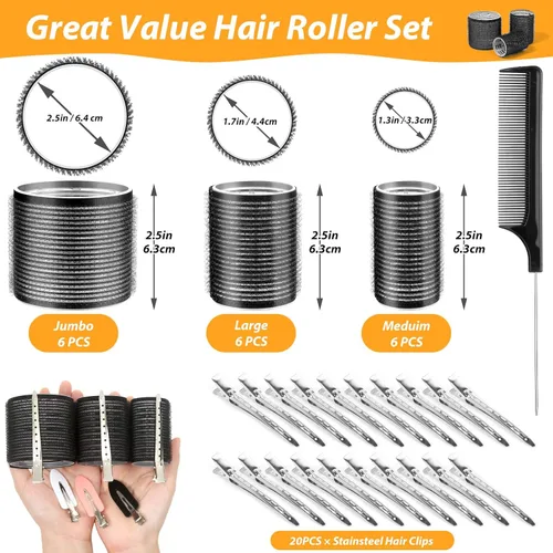 Miniatura 2 de 39 piezas de rulos autoadhesivos de 3 tamaños - Negro de 2.5 pulgadas, 1.9 pulgadas, 1.4 pulgadas con clips de pico de pato para cabello largo