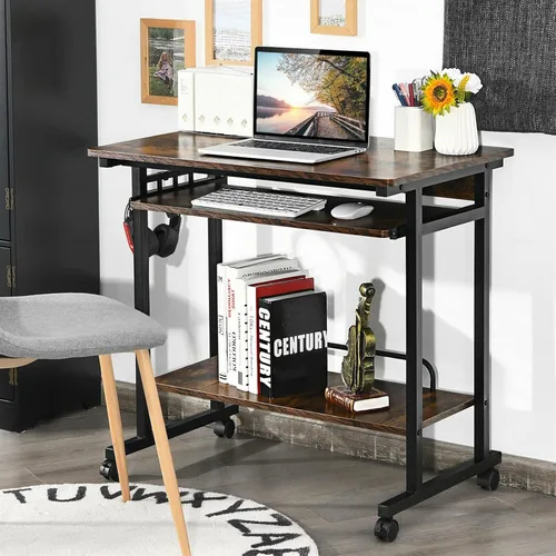 Miniatura 6 de Escritorio para computadora, mesa de estudio, escritorio de PC marrón rústico, carrito extraíble para laptop, estación de trabajo con bandeja