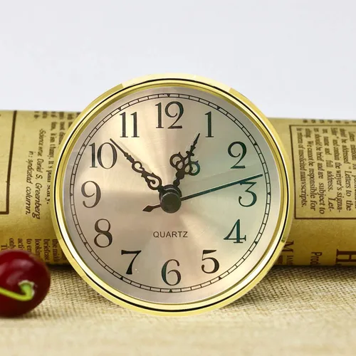 Miniatura 3 de HILLHOME Mini reloj redondo de cuarzo, esfera dorada de 3.5 pulgadas, bisel dorado, números arábigos, se adapta a agujeros de 3.0 pulgadas (3.071 in)