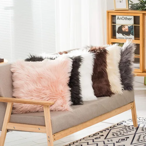 Miniatura 4 de HYSEAS - Juego de 2 fundas de almohada de pelo sintético, decorativas, negras, esponjosas y cuadradas, para sofá, sillón, silla, cama y café, 20 x