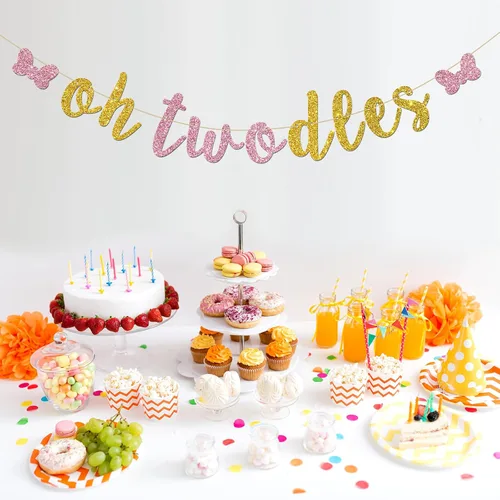 Miniatura 5 de Cartel de Oh Twodles – Decoración de fiesta de feliz segundo cumpleaños para niñas – tema de ratón de dibujos animados, suministros de decoración