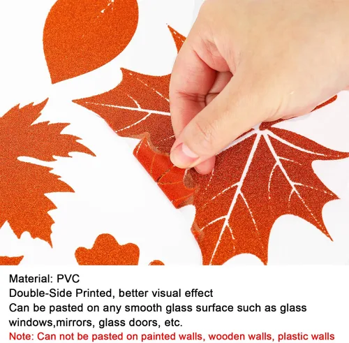 Miniatura 6 de Whaline 105 calcomanías de ventana de hojas de arce con purpurina de otoño, coloridas calcomanías de vidrio de doble cara para otoño, cosecha