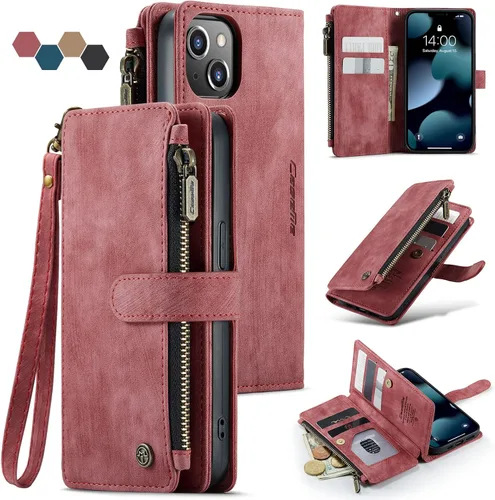 Miniatura 7 de Funda compatible con iPhone 13 Pro Max 5G con tarjetero y función atril magnético, con cremallera, bolsillo, correa de muñeca, funda de cuero