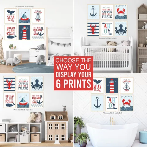 Miniatura 5 de Hadley Designs Decoración náutica de pared con 6 unidades, decoración náutica de habitación para niños, cuadros de barco y faro, decoración de pared