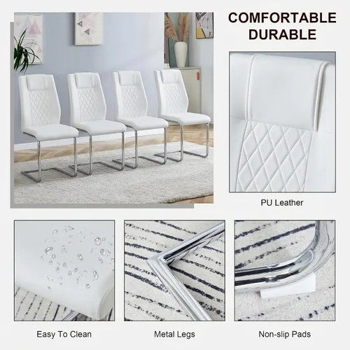 Miniatura 6 de gopop Juego de 4 sillas de comedor, de piel sintética blanca con marco de metal cromado chapado, sillas modernas de cocina con asiento acolchado
