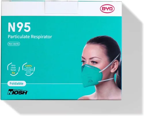 BYD CARE Respirador N95, paquete de 20 con envoltura individual, transpirable y cómodo, máscara de seguridad plegable con correa para la cabeza para