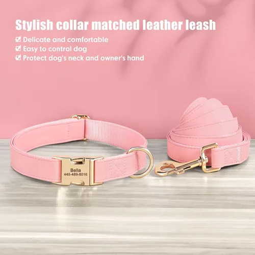 Miniatura 3 de PET ARTIST Collares de perro personalizados, collar de perro rosa grabado personalizado con etiqueta de nombre silenciosa, hebilla dorada