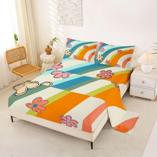 Miniatura 9 de Bonito juego de sábanas de flores para niñas y mujeres, sábanas coloridas de dibujos animados de flores funky de tamaño individual, bonito juego