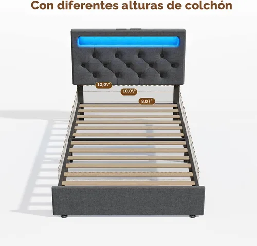 Miniatura 7 de Rolanstar Base de cama individual con estación de carga, cama LED con almacenamiento debajo de la cama, cabecera ajustable de 38.9/40.8 pulgadas,