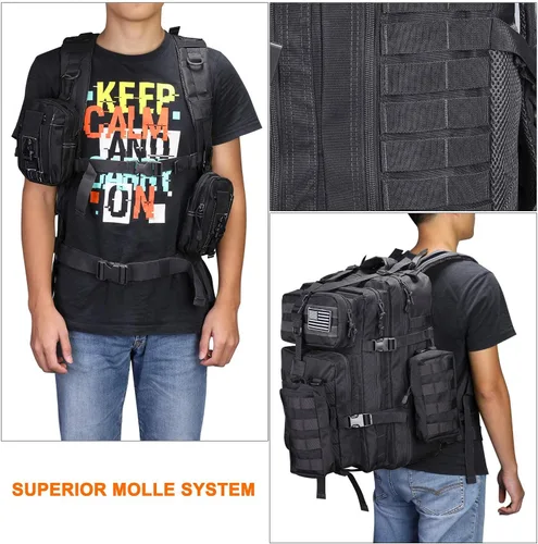 Miniatura 6 de Prospo Mochila de hombro táctica militar de 40 litros para supervivencia escolar, mochila de pesca para almacenamiento de aparejos Negro