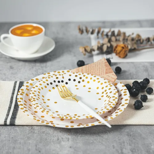 Miniatura 7 de Lullaby 120 piezas de platos de papel blancos, platos de papel dorado desechables, 60 piezas de platos de cena de 9", 60 piezas de platos de postre