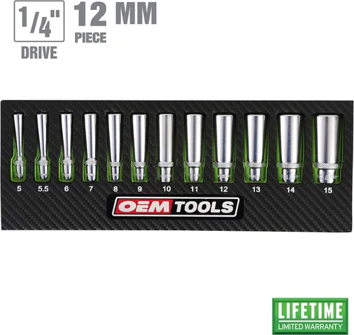 Miniatura 3 de OEMTOOLS 23986 Juego de 12 llaves de 1/4 unidad de profundidad, juego de llaves profundas métricas 5-15mm, llaves de acero de aleación tratadas
