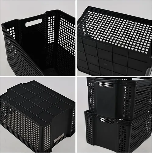Miniatura 3 de Vababa Paquete de 12 cestas de almacenamiento grandes, apilables, rectangulares, de plástico, color negro Plastic Material, Cut-Out Carry Handles