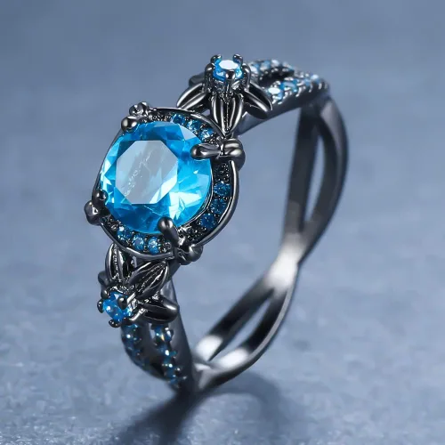 Miniatura 7 de Anillos góticos negros para mujer, topacio arcoíris místico con flor de amatista creada, anillo de compromiso gótico de oro negro, talla 6 a 11