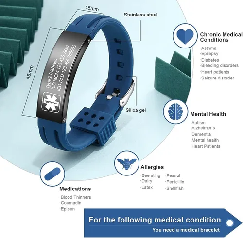 Miniatura 2 de OPALSTOCK Pulseras médicas personalizadas de silicona ajustable para identificación de emergencias, grabado gratuito, 9 pulgadas, resistente al