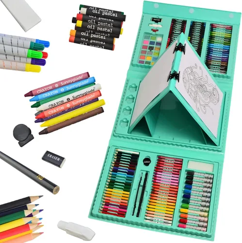 Sunnyglade Juego de Arte de Caballete Tríptico de Doble Cara de 185 Piezas, Caja de Arte de Dibujo con Pasteles al Óleo, Crayones, Lápices de Verde