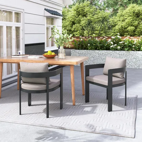 Miniatura 6 de GDFStudio Juego de 2 sillas de comedor de aluminio con cojín beige, asiento moderno para exteriores, interiores, patio trasero, piscina, balcón, 300