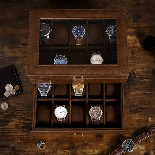 Miniatura 4 de BEWISHOME Caja organizadora de relojes para hombre, estuche de lujo para reloj, 20 ranuras, de piel sintética, con parte superior de cristal real